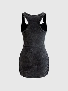 ROMWE Grunge Punk Streetwear Fitted Washed Knit Spider Print Women's Mini Dress - Dark Grey - View 2