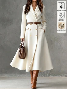 LUMIGAL Women's Autumn/Winter Solid Color Lapel Neck Long Sleeve Double-Breasted Elegant Overcoat - Apricot - View 1