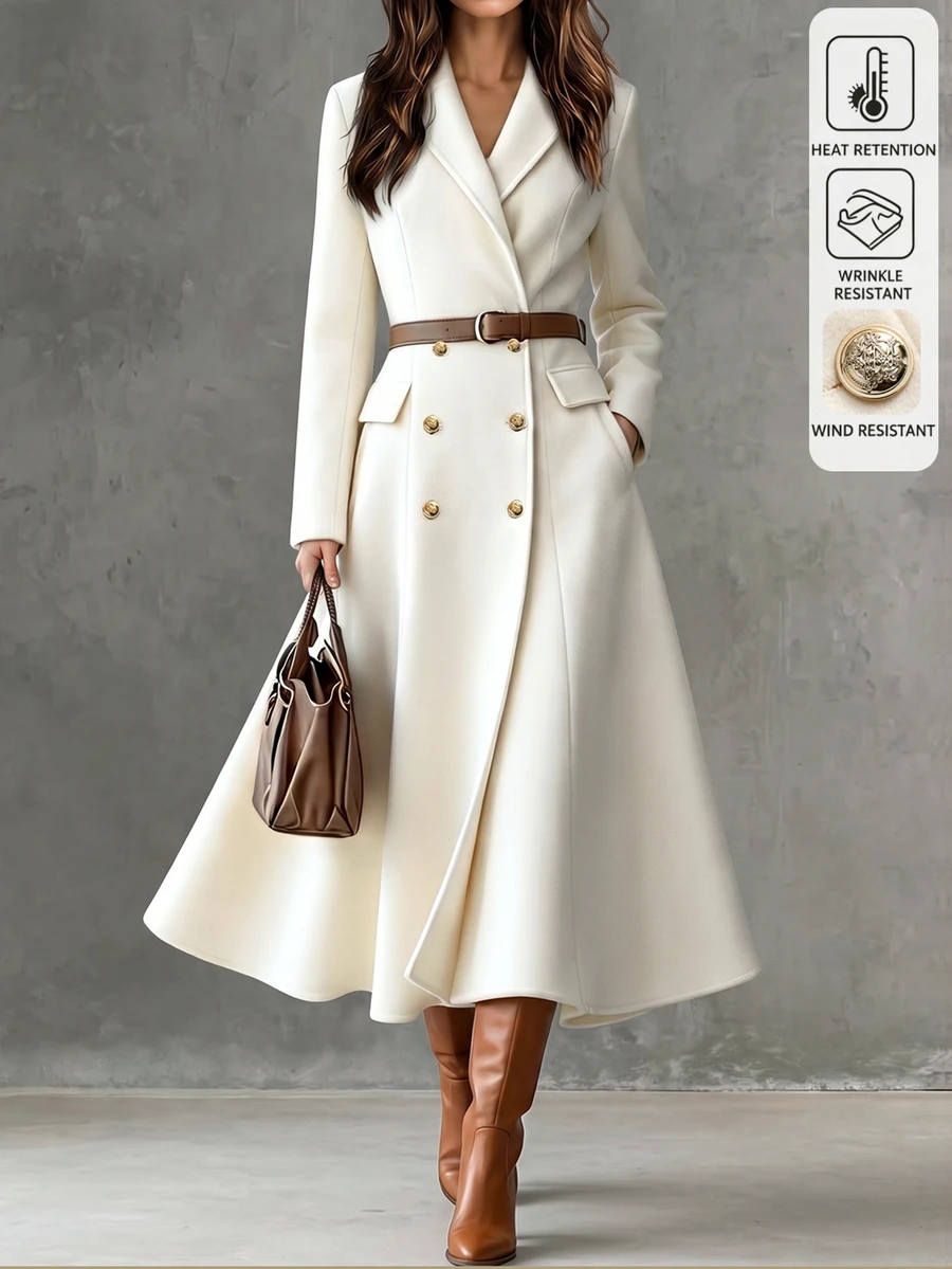 LUMIGAL Women's Autumn/Winter Solid Color Lapel Neck Long Sleeve Double-Breasted Elegant Overcoat - Apricot - View 1