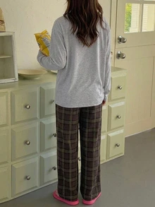 Dazy Kids Long Sleeve T-Shirt Style Plaid Casual Pants Loose Straight Leg Versatile Long Pants Tween Girls Loungewear - Brown - View 2