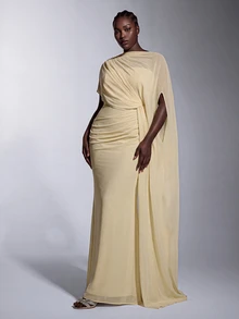 Elitara Plus Size Elegant Romantic Pale Yellow Asymmetrical Layered Design Pleated Flounce Fitted Mermaid Hem Dress For Evening Party Date Ball Vacation Wedding Event Bridesmaid Gown - Yellow - View 4