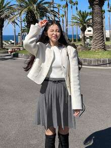 DAZY Women's Solid Color Elastic Waist Casual Pleated Knit Skirt - Grey - View 3