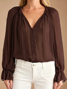 Juhart Plus Size Deep Brown Chiffon Blouse With Frill Trim, Gathered Stand Collar And Tie Detail - Coffee Brown - View 1