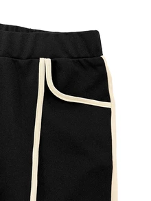 RosyDaze Autumn Elastic Lightweight Versatile Commuter Minimalist Solid Color Wide Leg Pants With Pockets And Leg-Flattering Stitching Details, Apricot And Black Contrast Color "Quiet Luxury Style" Long Pants - Black - View 6