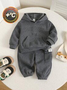 SHEIN 2件組男嬰秋冬休閒衛衣褲套裝，衛衣套裝，嬰兒套裝，秋冬套裝，運動套裝，灰色套裝 - 彩色 - 查看 1