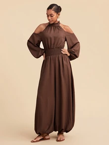 Travachic Women's Solid Color Cold Shoulder Casual Daily Wear Jumpsuit Lantern Pants - Khaki - View 4