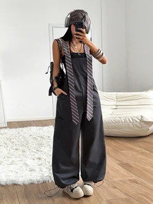 StreetHx High Street Tie Strap Overall Jumpsuit For Women, Spring/Autumn New Style, Large Pockets, Cargo Style, Loose Drape Wide Leg One-Piece - Dark Grey - View 5