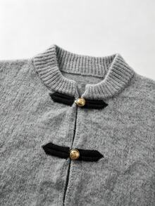 SHEIN 新款秋冬現代中式盤扣針織夾克女款 旗袍領長袖修身短版 - 灰色 - 查看 4