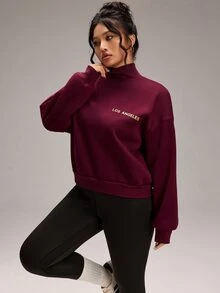 EMERY ROSE Plus Size Women's Letter Print Stand Collar Casual Daily Long Sleeve Sweatshirt - Red - View 4