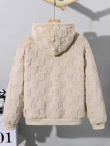 SHEIN 青少年男孩休閒格紋毛絨連帽夾克，附裝飾補丁，適合秋冬返校季 - 杏色 - 查看 3