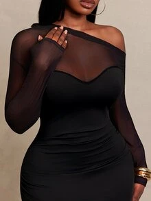 SHEIN SXY Black High Elasticity Knit Mesh Patchwork Asymmetric Neckline Long Sleeve Fitted Midi Dress - Black - View 8