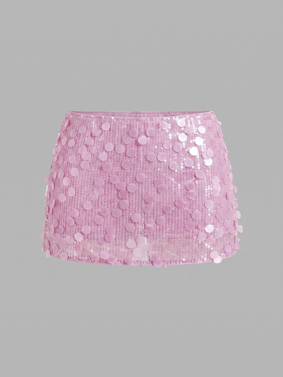 SHEIN ICON Silver Low Rise Sequin Decor Bodycon Mini Skirt - Mauve Purple - View 1