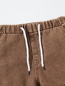 SHEIN Mirajuku 男童復古休閒街頭風多口袋寬鬆舒適全鬆緊腰抽繩收口牛仔工裝褲，百搭休閒時尚，適合四季、度假、開學，百搭牛仔工裝褲版型 - 咖啡棕 - 查看 6