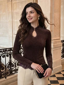 Vintamour Women's Brown Fitted Elegant Top With Stand Collar And Keyhole Neckline - Coffee Brown - View 3