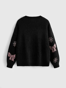 ROMWE Goth Dark Sweet Cool Plus Size Women's Short Cardigan Sweater, Pink Bow & Snowflake Pattern, V-Neck Design, Christmas Party Sweater - Black - View 2