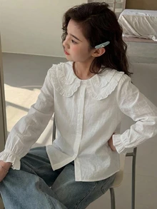 Dazy Kids Tween女孩秋季服飾 蕾絲娃娃臉泡泡袖長袖甜美襯衫 - 白色 - 查看 6