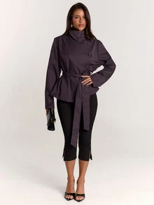 SHEIN BAE Women's Minimalist Button High Neck Long Sleeve Jacket Streetwear - Red Violet - View 3