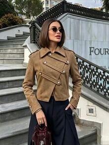 Flora Isola Flora Isola Jaket Lengan Panjang Wanita Warna Polos dengan Kerah, Kasual, Serbaguna, untuk Perjalanan Sehari-hari - Coffee Brown - View 7