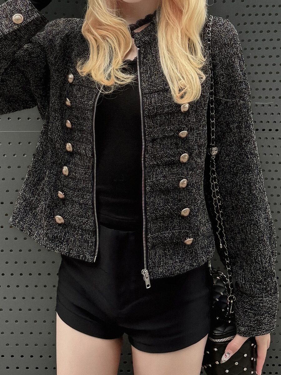 FRIFUL Women's Long Sleeve Zip-Up Button Design Casual Napoleon Jacket - Black - View 1