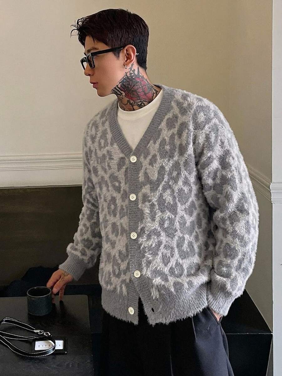 DAZY Autumn Gray Leopard Print Knit Cardigan With Cuffed Sleeves And Hem, Streetwear Style Men's Sweater - Grey - View 1