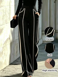 RosyDaze Autumn Elastic Lightweight Versatile Commuter Minimalist Solid Color Wide Leg Pants With Pockets And Leg-Flattering Stitching Details, Apricot And Black Contrast Color "Quiet Luxury Style" Long Pants - Black - View 1