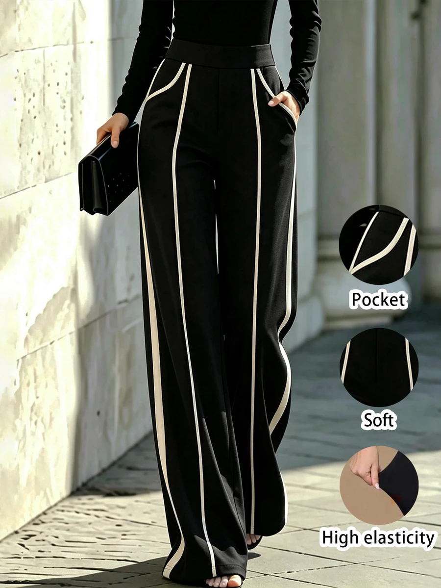 RosyDaze Autumn Elastic Lightweight Versatile Commuter Minimalist Solid Color Wide Leg Pants With Pockets And Leg-Flattering Stitching Details, Apricot And Black Contrast Color "Quiet Luxury Style" Long Pants - Black - View 1