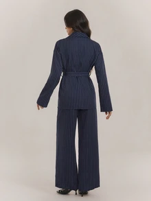 SHEIN Tall Women Fashion Striped Wrap Jacket And Casual Pants 2 Pieces Set, Office Business Commute Suit, Grey In Fall/Winter - Navy Blue - View 2