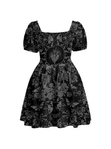 ROMWE Grunge Punk Skull Forest Gothic Court Dark Style Plus Size Square Neck Dress - Black - View 2