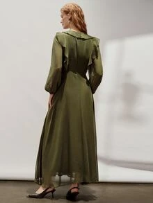 Aveloria Modichic European And American Style Autumn/Winter New Fashion Versatile Solid Color Chiffon V-Neck Elegant Commute Design Multi-Layer Ruffle Hem Women's Long Dress - Army Green - View 3