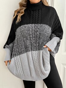SHEIN CURVE+ كنزة نسائية مقاس كبير بألوان متباينة كاجوال للاستخدام اليومي بأكمام طويلة - متعدد الألوان - مشاهدة 3