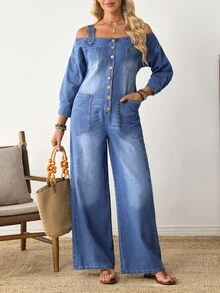 EMERY ROSE Jumpsuit Denim Boho Longgar dengan Tali Bahu yang Dapat Diatur, Cocok untuk Perjalanan Sehari-hari, Jalan-jalan, Pesta, dan Acara Lainnya - Biru - View 6