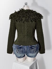 SHEIN ICON Plus Size Y2K Knit Top With Turn-Down Collar, Fur Trim And Tassel - Army Green - View 11