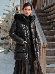 Anewsta Women's Autumn/Winter Mid-Length Black Fur Collar Hooded Waist-Cinching Drawstring Commuter Padded Coat - Black - View 3