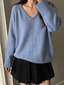 DAZY 女款純色長袖休閒寬鬆V領套頭毛衣 - 藍色 - 查看 5