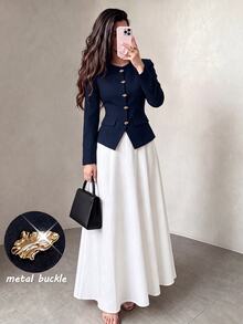 Modelyn Women's Round Neck Metal Button Top & Solid Color Skirt Fashion Elegant Set - Navy Blue - View 1