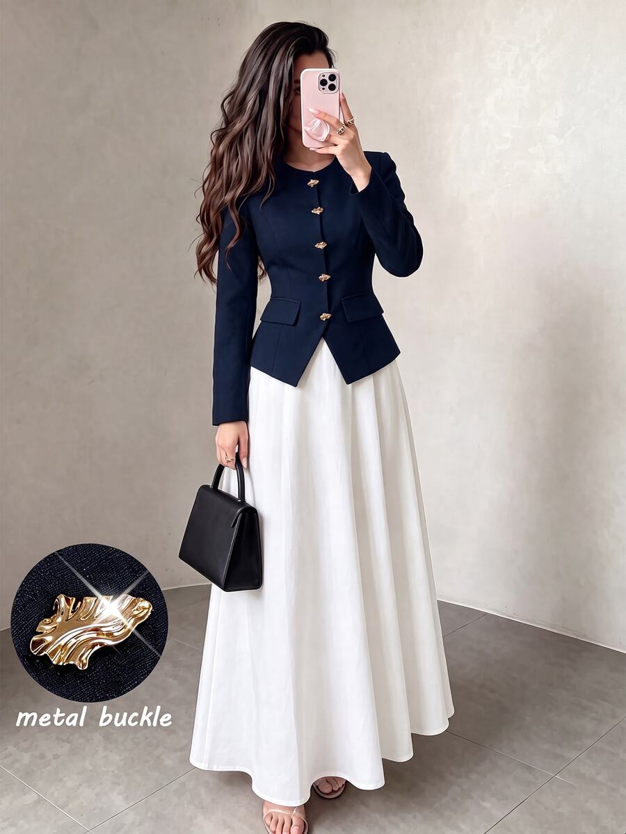 Modelyn Women's Round Neck Metal Button Top & Solid Color Skirt Fashion Elegant Set - Navy Blue - View 1