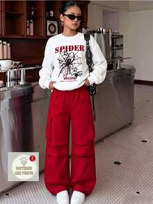 SHEIN Sparklyn 青少年女孩蜘蛛與字母圖案落肩衛衣＋喇叭褲工裝褲兩件套 Y2K 休閒街頭風秋季穿搭 - 紅白色 - 查看 8