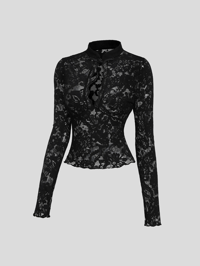 Sweetra Women's Autumn/Winter Black Lace Handmade Frog Button Decor Mid-Neck Hollow Out Long Sleeve Slim Fit Waist Blouse, Vintage Party Shopping Date Commute Office Elegant Pure Luxury Vacation Daily Outing Versatile