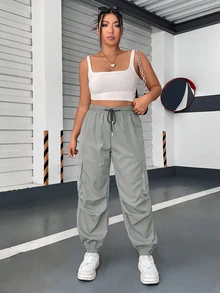 POPSWAY Plus Size Women's Casual Cargo Pants With Drawstring Pockets, Minimalist Style For Spring/Autumn, Campus And Commute - Light Grey - View 6