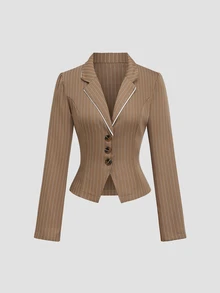 Sweetra Áo blazer nữ thanh lịch cài cúc, chiết eo, họa tiết kẻ sọc - Màu Khaki - Xem 1