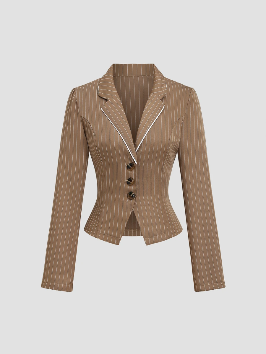 Sweetra Áo blazer nữ thanh lịch cài cúc, chiết eo, họa tiết kẻ sọc - Màu Khaki - Xem 1