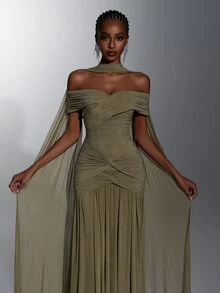 Elitara Elegant Green Minimalist Off-Shoulder Slimming Ruched Asymmetrical A-Line Dress With Waist Twist (Includes Detachable Halter Neck Drape) Suitable For Weddings, Formal Events And Heavy-Embellished Evening Gowns - Olive Green - View 4