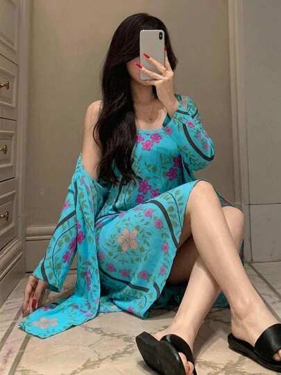 DAZY 2pcs/Set Women's Lace Patchwork Floral Print Long Camisole Dress & Loose Cardigan Robe Pajama Set