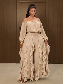 Maweii Plus Size Minimalist One Shoulder Top And Ruffle Trim Long Pants 2 Pieces Set - Khaki - View 5