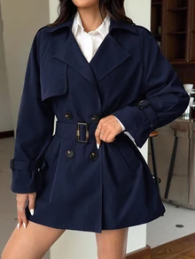 SHEIN EZwear 女款新款純色雙排扣休閒中長款風衣 - 藏蓝色 - 查看 1
