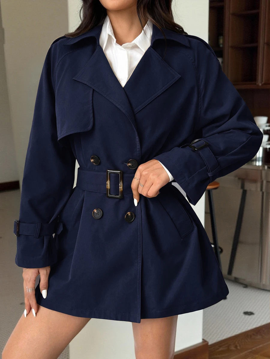 SHEIN EZwear 女款新款純色雙排扣休閒中長款風衣 - 藏蓝色 - 查看 1