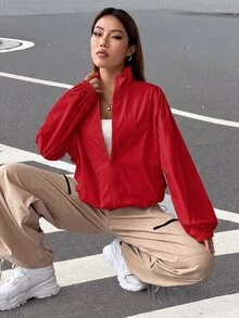 SHEIN EZwear 秋冬款拉鍊落肩夾克 - 紅色 - 查看 6