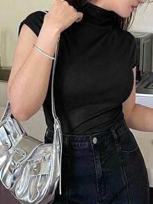 Dazy Plus Solid Color Semi-High Neck Short Sleeve Casual T-Shirt, New Style For Spring, Summer And Early Autumn - Black - View 1