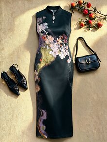 EastFlair Plus Size Women's Floral Print Cheongsam Collar Fitted Elegant Dress - Black - View 8