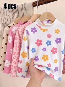 4Pcs Girls' Knitted Turtleneck Long Sleeve Tops, Cute Daisy Flower Heart & Leopard Print Base Layer Shirts, Sweet Style Versatile Outing Tops - Multicolor - View 1